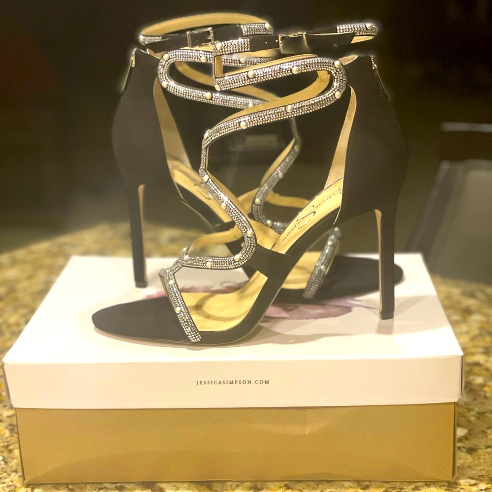 Jessica Simpson Janya Caged Rhinestone Dress Sandal (Black)